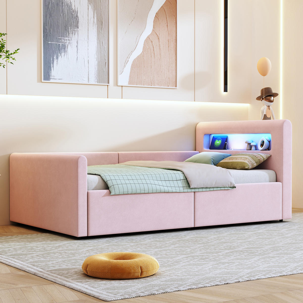 POLSTERBETT mit Stauraum und LED 90x200 cm Samt Rosa - Pink, Metall (90/200cm) - Beauniv