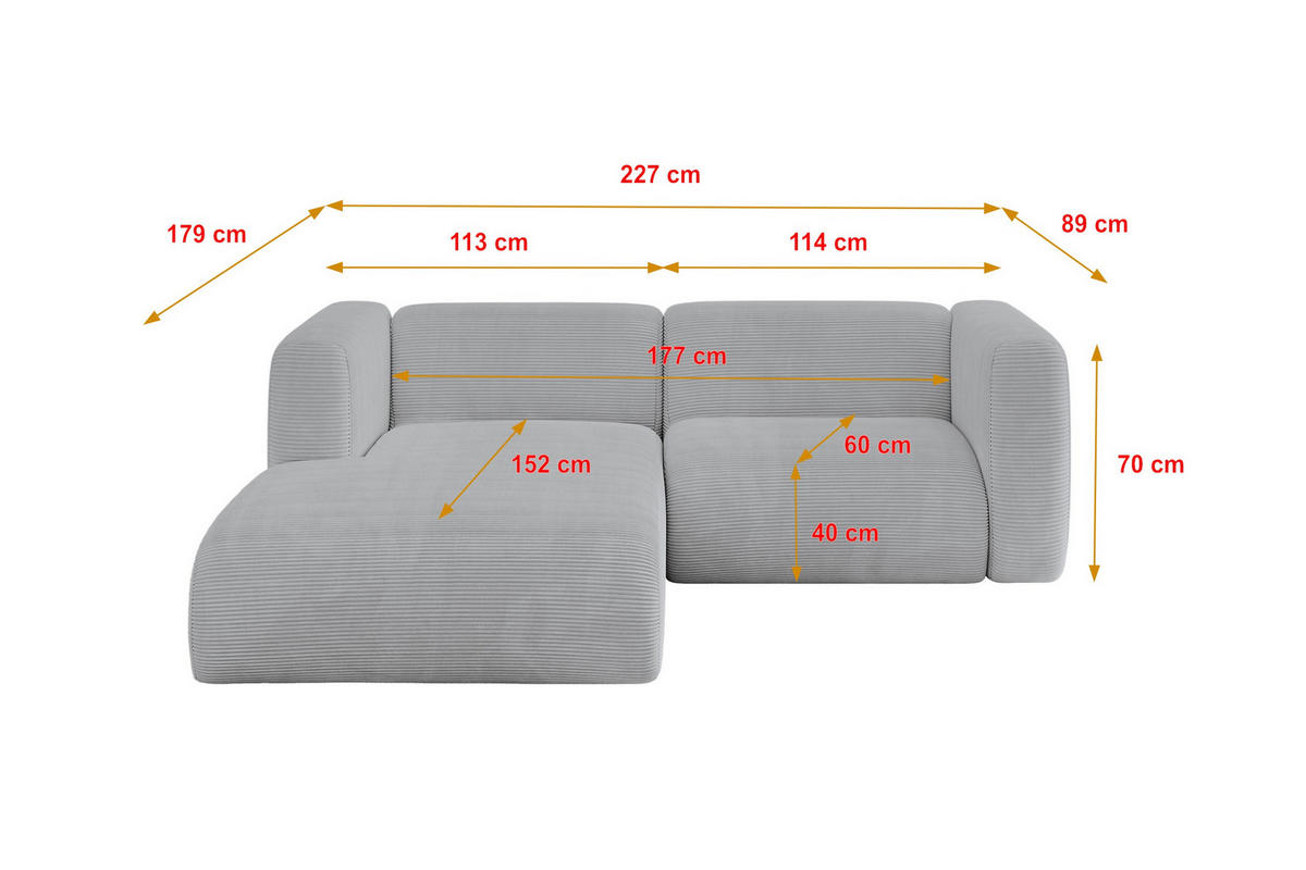 ECKSOFA Ottomane Links MIRA-L1 227x179x89 Grau Cord - Blaugrau/Schwarz, Holzwerkstoff/Kunststoff (227/179cm) - ALTDECOR
