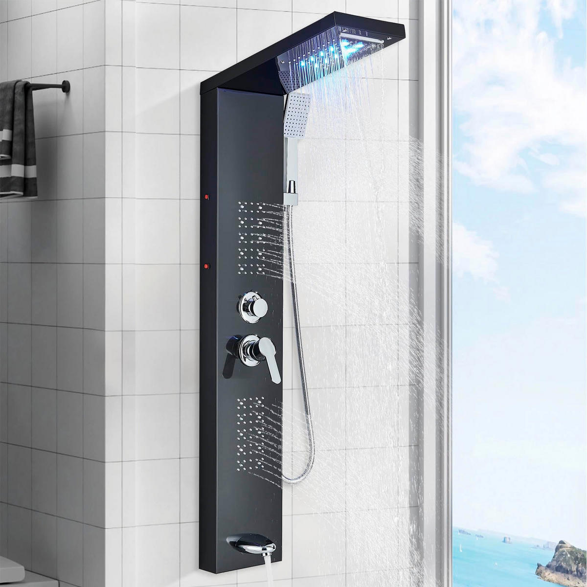 ÜBERKOPFBRAUSESET LED Regendusche Wasserfall Massagedusche - Schwarz, Metall (20/122/46.5cm) - Kaket