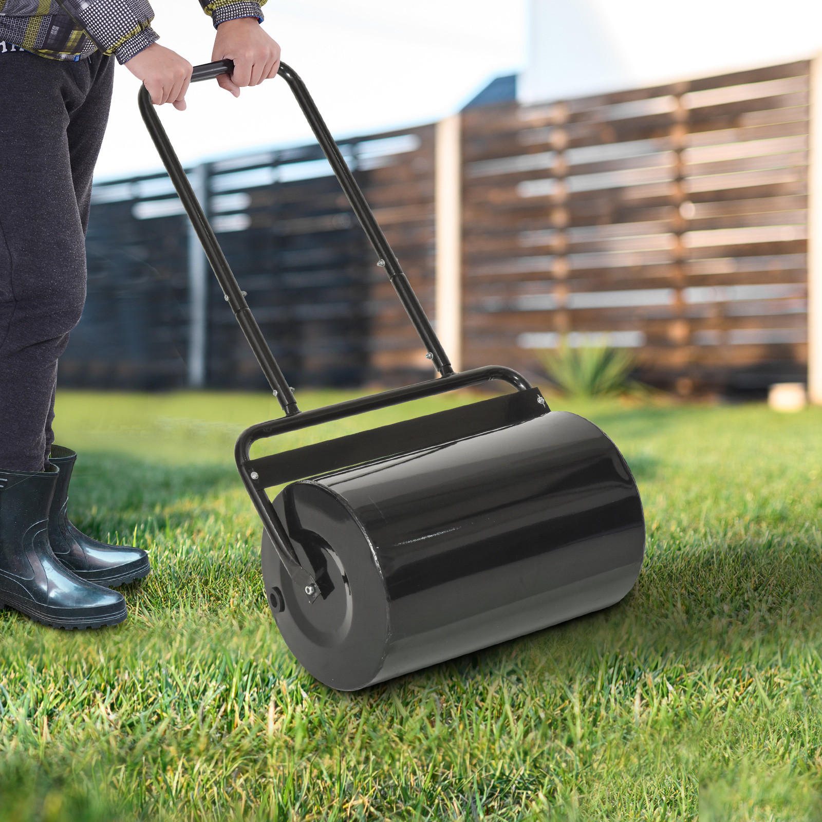 RASENWALZE mit U-Griff, Gartenrolle, Gartenwalze, 32 cm Durchmesser, Metall, Schwarz - Schwarz, Metall (32.5/113/58cm) - Outsunny