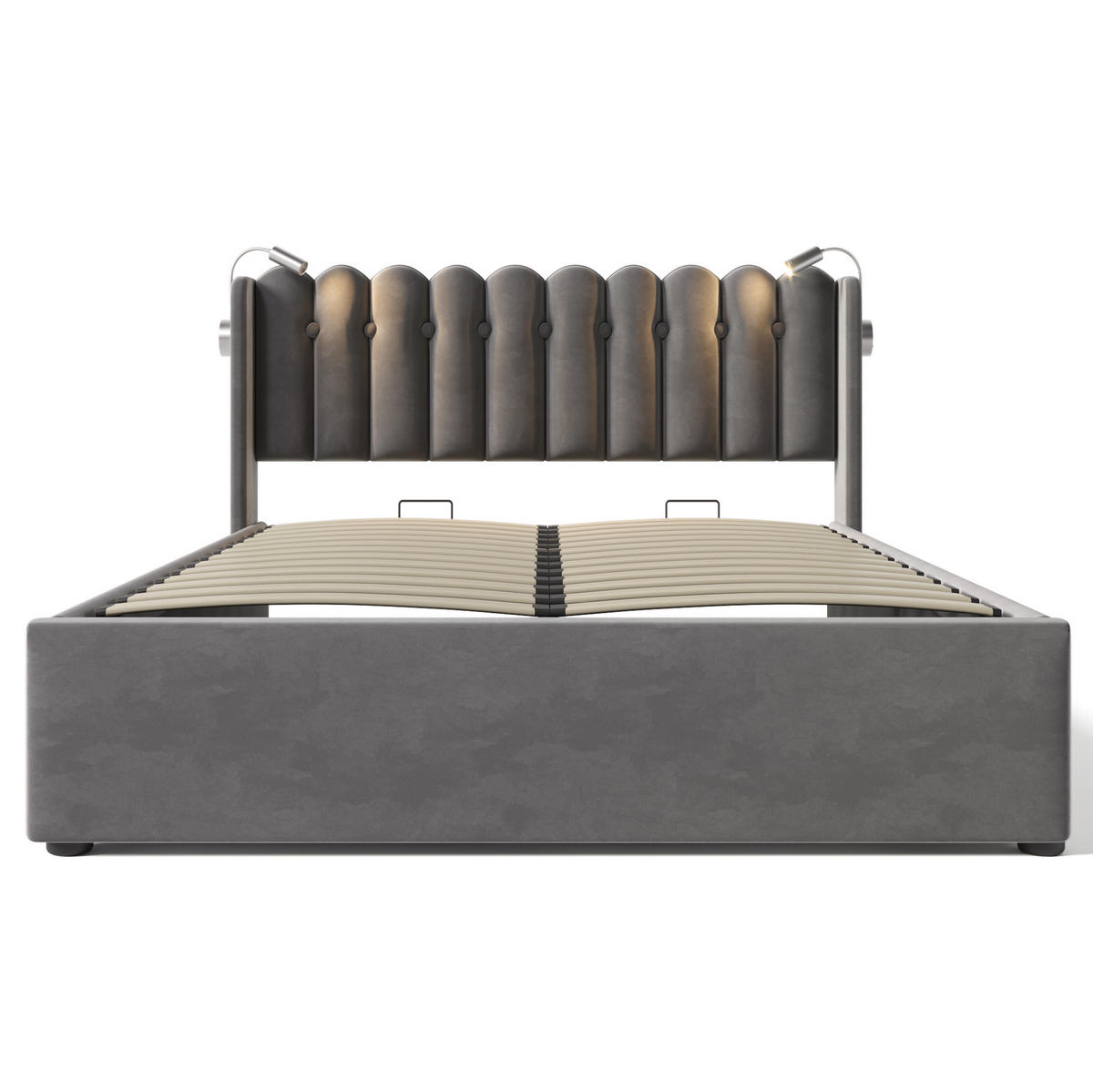 POLSTERBETT aus Samt 160x200 cm Grau mit Bettkasten, Leselicht und USB-Anschluss - Grau, Textil (160/200cm) - IVMEU