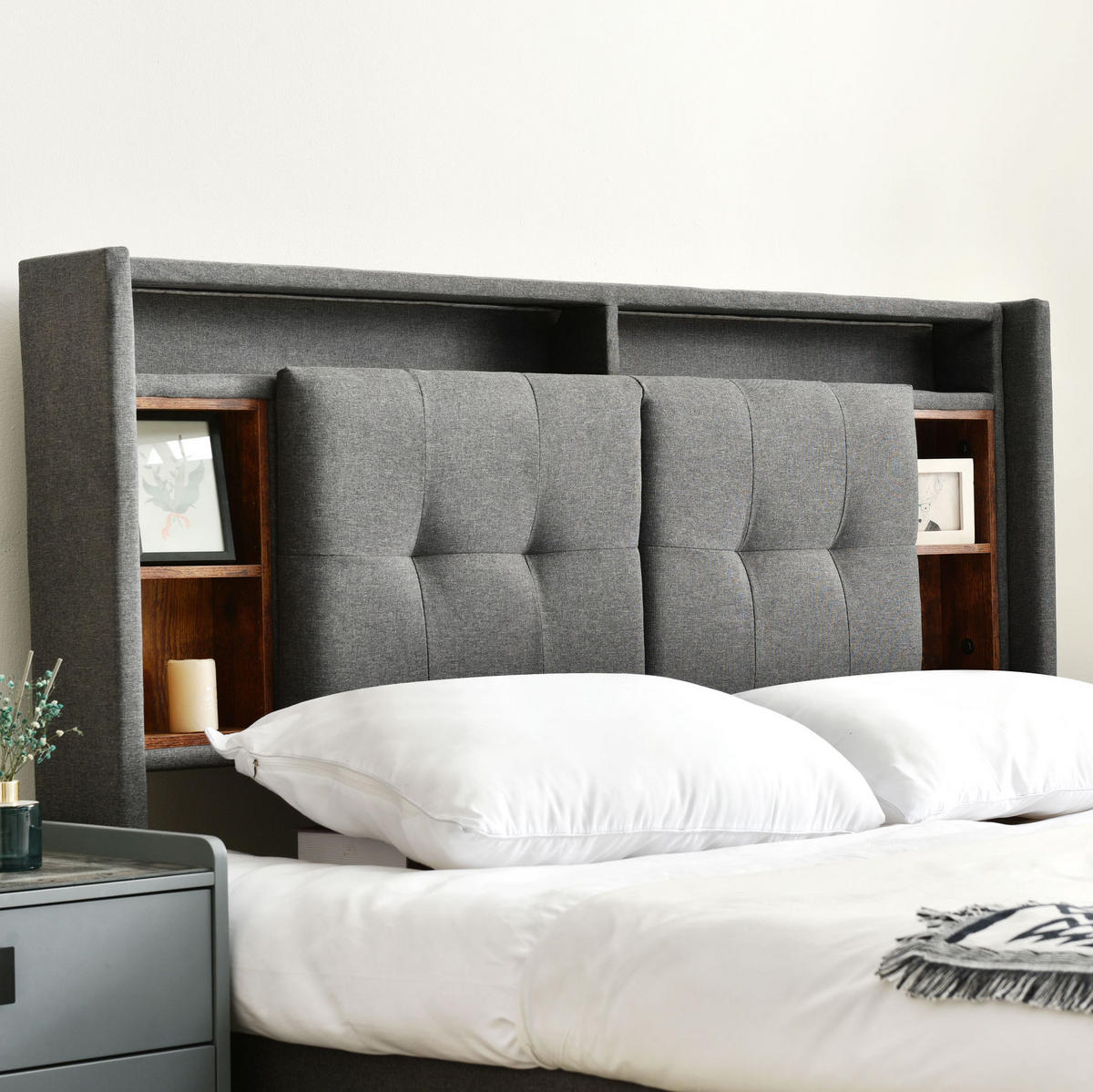 POLSTERBETT aus Massivholz 160x200 cm in Grau mit Matratze & LED - Grau, Holz (160/200cm) - Modfu