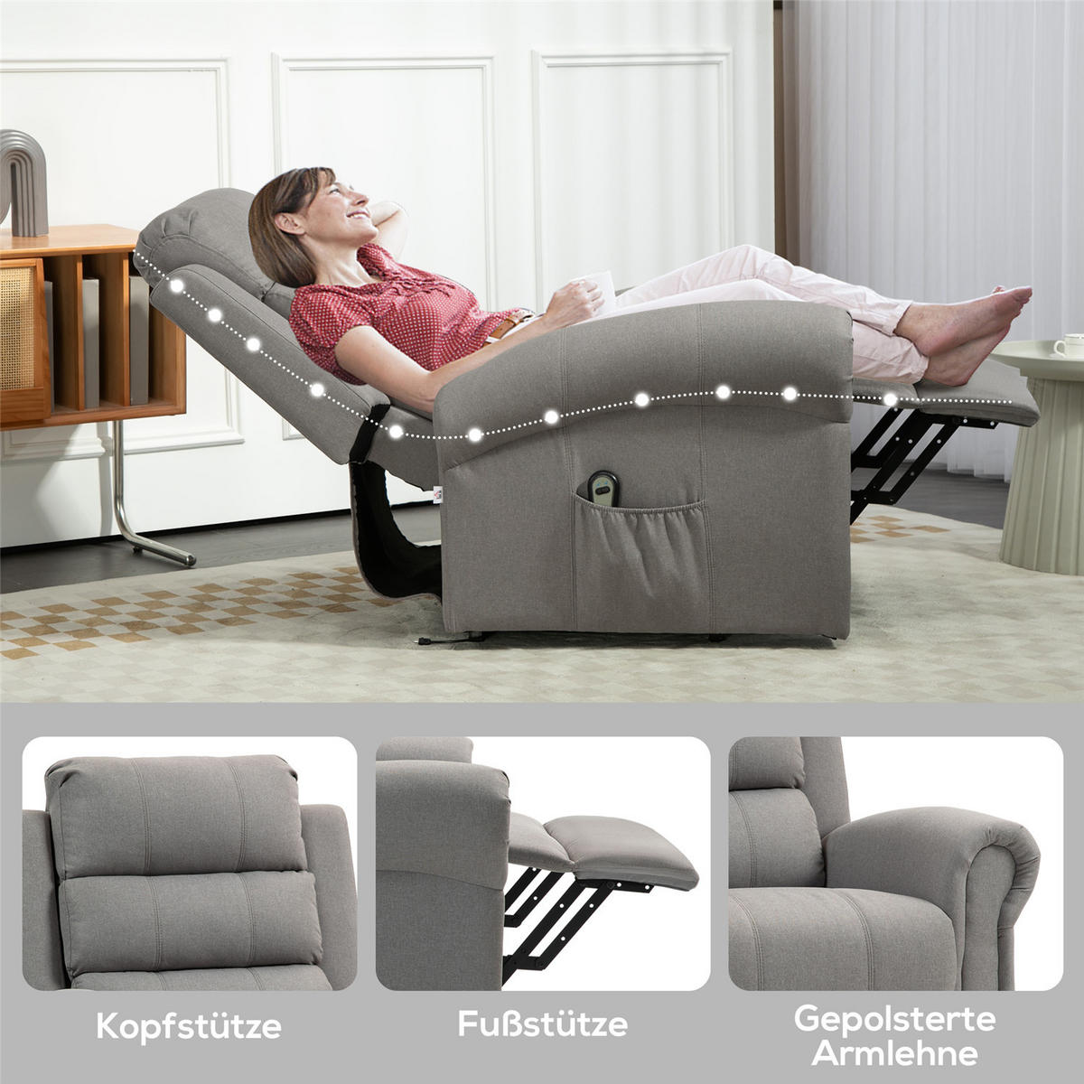 FERNSEHSESSEL elektrisch Aufstehhilfe Massage Heizfunktion - Grau, Textil (89/106/91cm) - Kaket