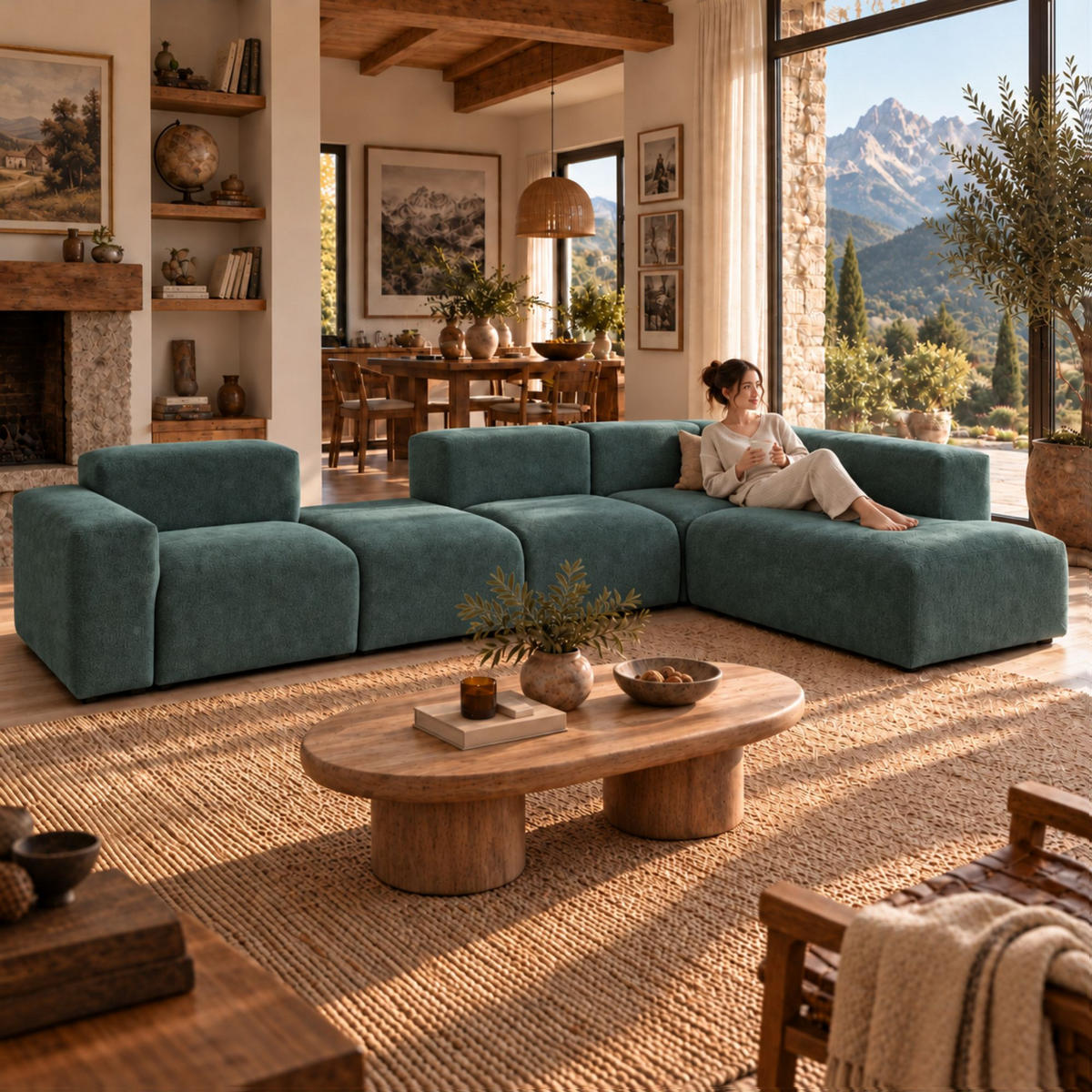 5-SITZER modulares Ecksofa HEAVEN SET 5 Rechts, Breite 380 cm Webstoff Dunkelgrün - Dunkelgrün/Schwarz, Holz/Kunststoff (245/380cm) - Muffo