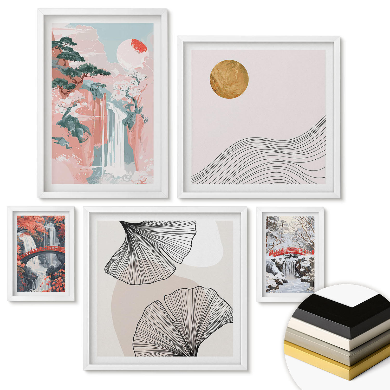 WANDBILDER 5er-Set - 50x50 cm & 20x30 cm & 40x60 cm Weißer Rahmen - Wasserfälle, Brücken, Bäume, Jahreszeiten - Weiß, Kunststoff (40/60cm) - ArtPrintCave