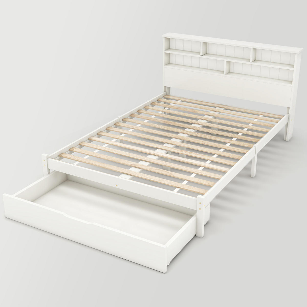 DOPPELBETT 140/200 cm Weiß mit Schubladen und Bücherregal-Design - Weiß, Holz (140/200cm) - OKWISH