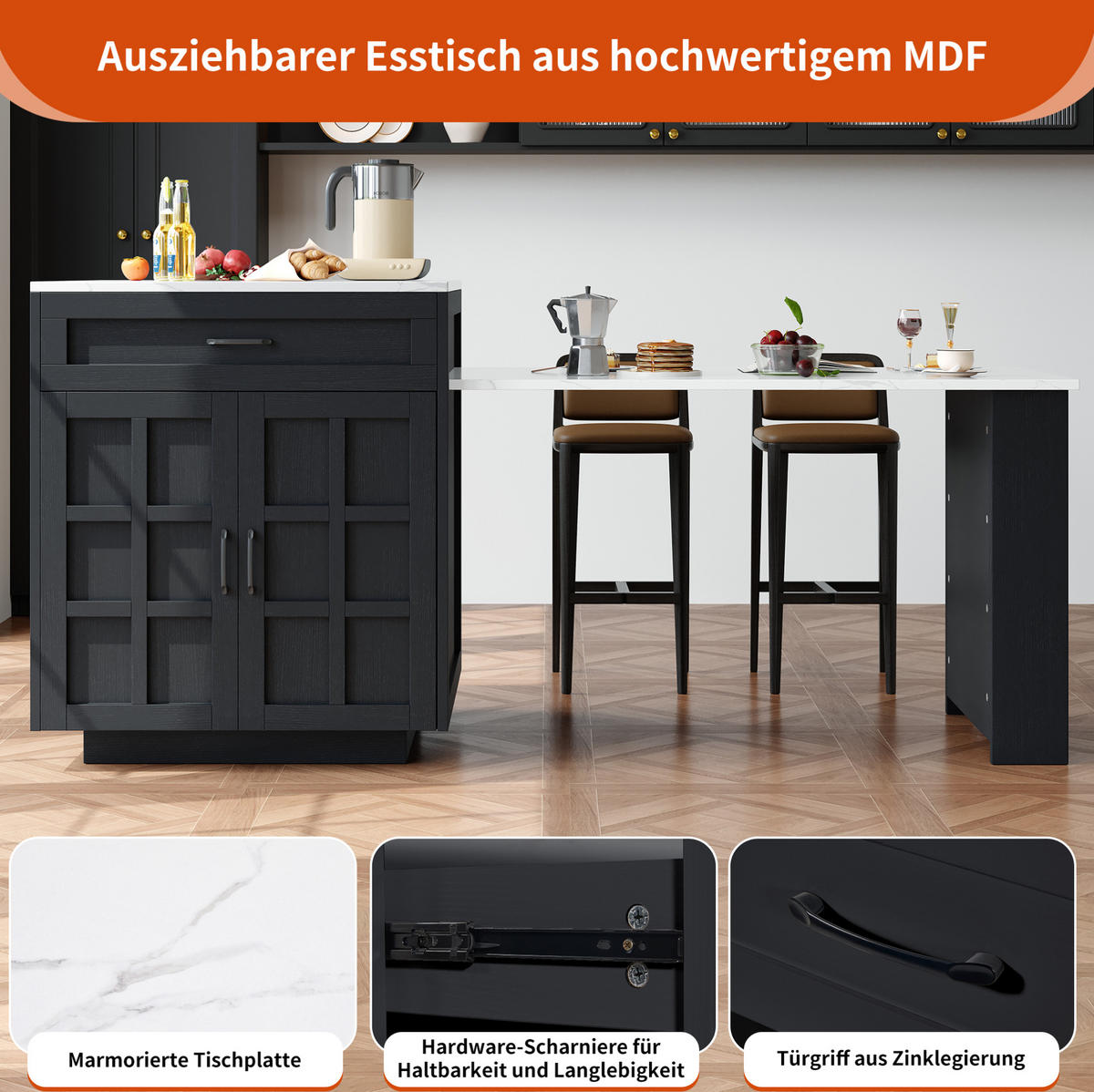 AUSZIEHBARER Bartisch aus MDF mit Stauraum, 133-202/70/93,5 cm, Schwarz - Schwarz, Holzwerkstoff (70/93.5/133cm) - Redom