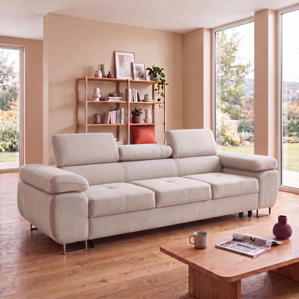 3-SITZER-SOFA WILD mit Schlaffunktion 127x190 Velours Beige - Chromfarben/Beige, Holz/Textil (262/90/102cm) - Muffo