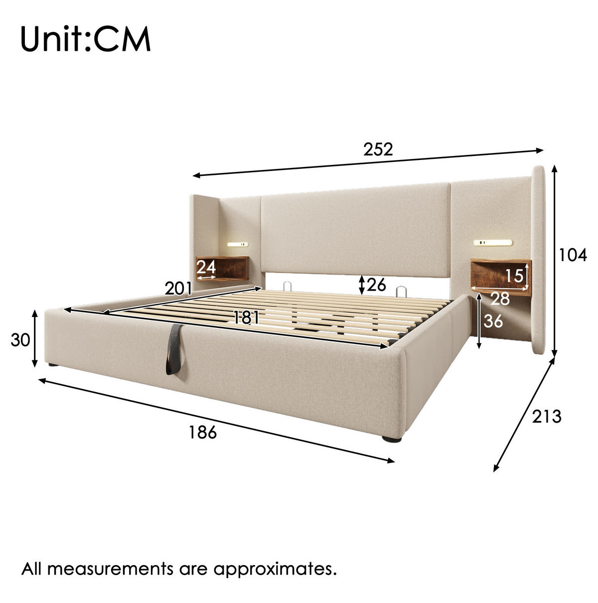 POLSTERBETT 180/200 cm Beige mit Nachttisch und USB-Ladefunktion - Beige, Textil (180/200cm) - OKWISH
