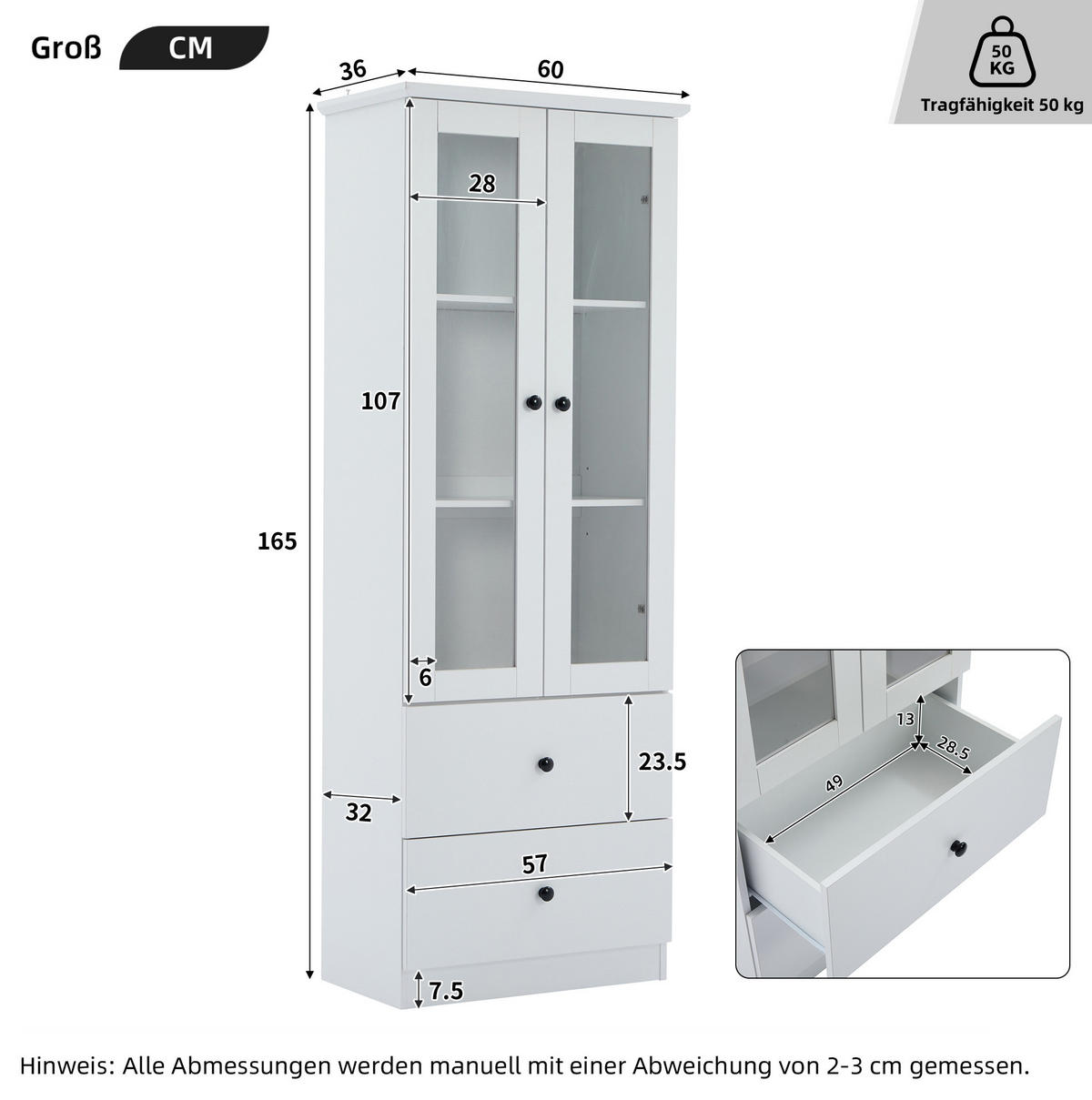 VITRINE 60/35,5/165 cm mit LED-Beleuchtung, USB-Anschluss, 2 Schubladen und verstellbaren Einlegeböden, Weiß - Weiß, Holzwerkstoff (60/165/35.5cm) - Redom