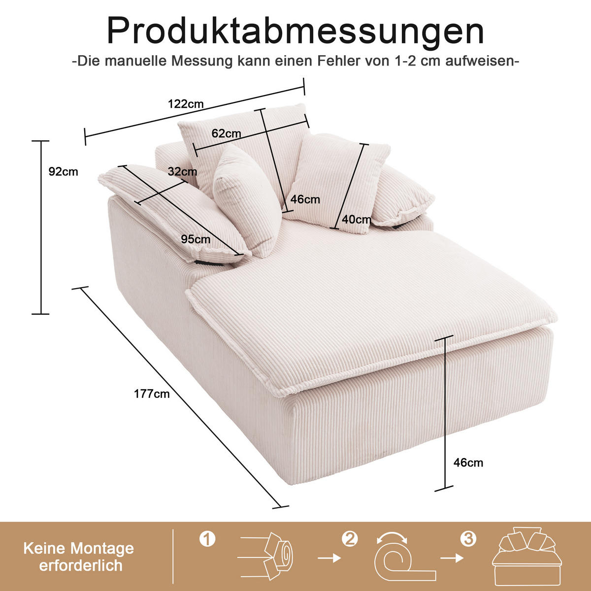 RELAXSOFA Cordstoff mit breiten Armlehnen 177/122/92 cm Weiß - Weiß, Textil (122/92/177cm) - Redom