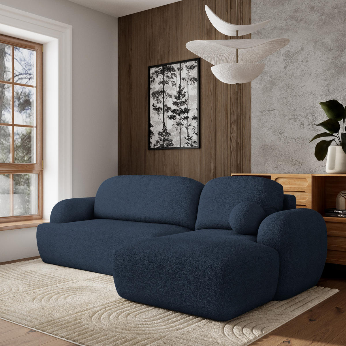 ECKSOFA MODENZA N R-S Blau Boucle-Stoff mit Schlaffunktion - Blau, Holz (266/148cm) - MASSENO