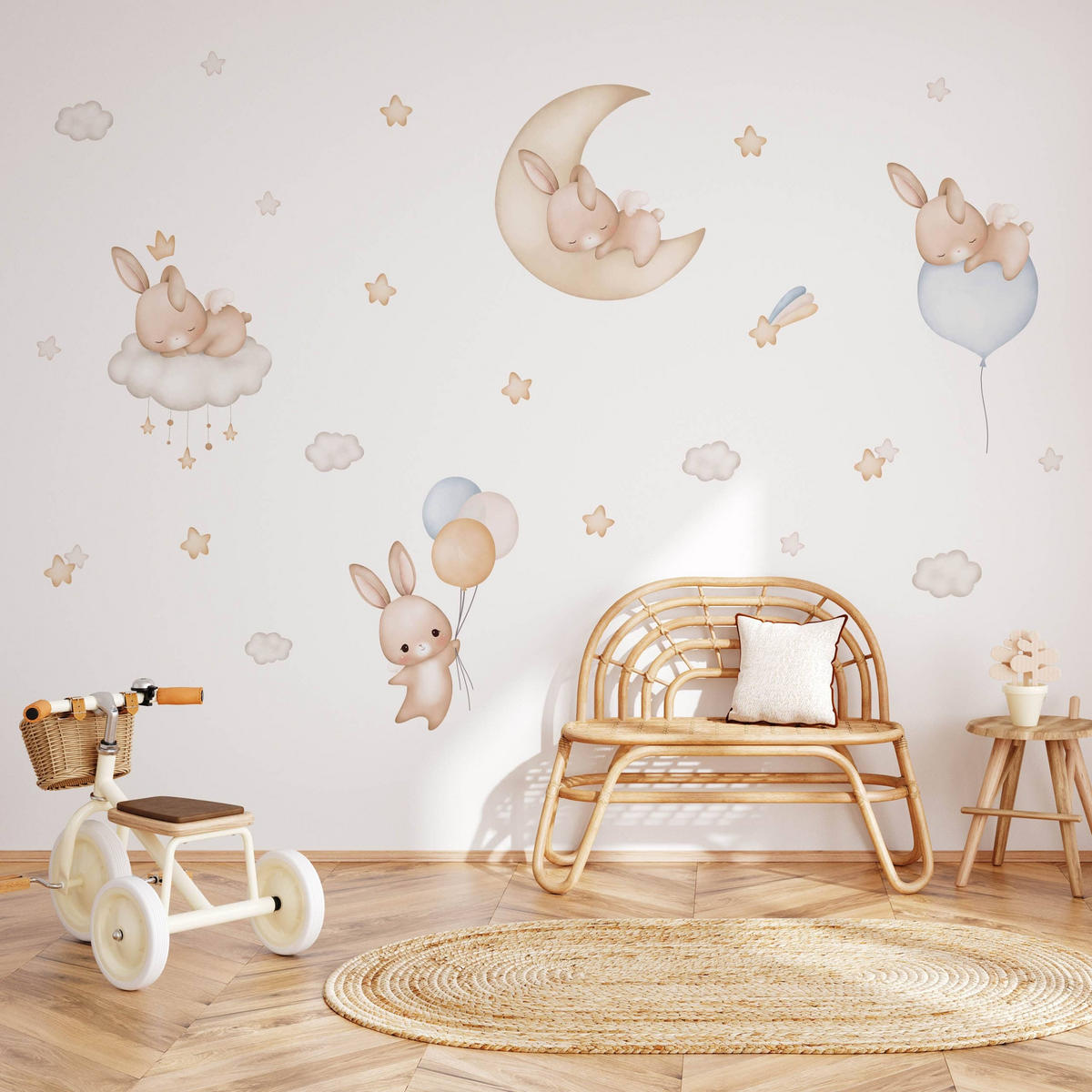 NÁLEPKY NA STENU Králiky Oblaky Hviezdy Balóny 60 x 30 cm - hnedá/žltá, papier (60/30/1cm) - Muralo