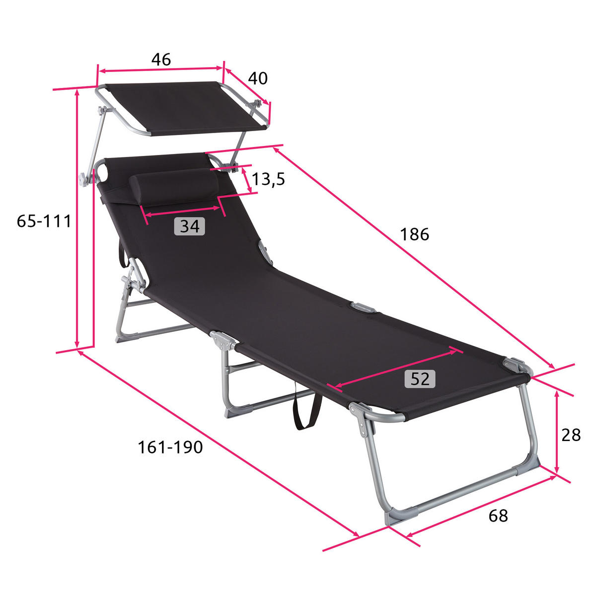 GARTENLIEGE Chloé,190 x 68 x 65 cm,schwarz - Schwarz, Kunststoff (68/65/190cm) - tectake