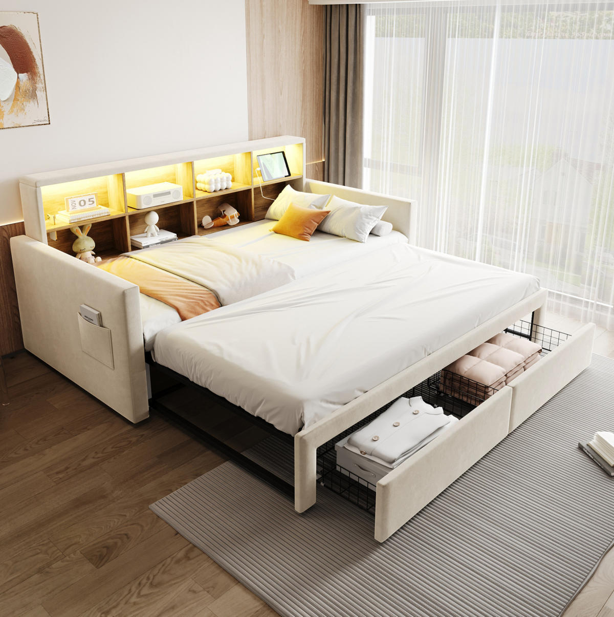 POLSTERBETT 90/190 cm Beige aus Samt mit Stauraum und LED-Beleuchtung - Beige, Textil (90/190cm) - OKWISH