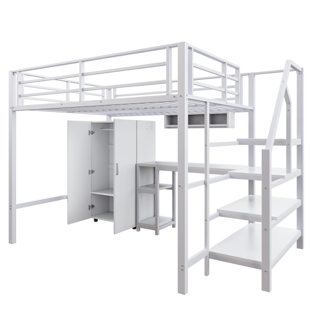VYSOKÁ postel 255/145/160 cm bílá se skříní a psacím stolem z kovu a MDF - bílá, kov (140/200cm) - OKWISH