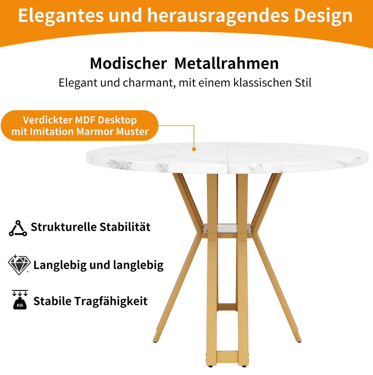 ESSTISCH rund 100x100 cm MDF Marmoroptik Weiß Gold - Goldfarben, Metall (100/100/76cm) - Meubliv