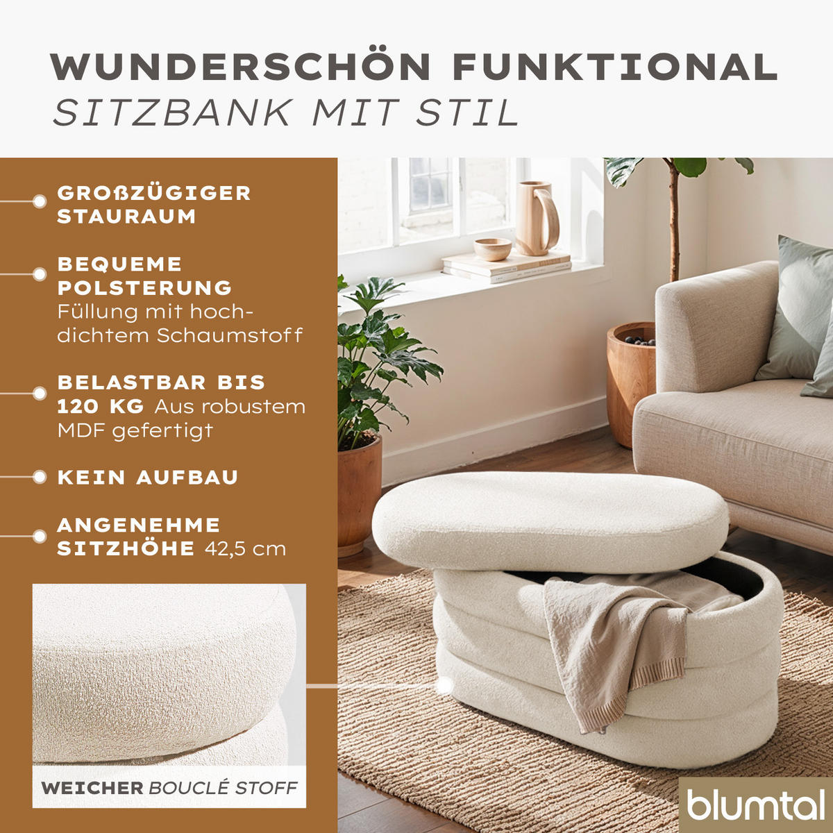 SITZBANK mit Stauraum Oval – Bouclé Sitztruhe Creme - Beige, Textil (42/42.5/76cm) - Blumtal