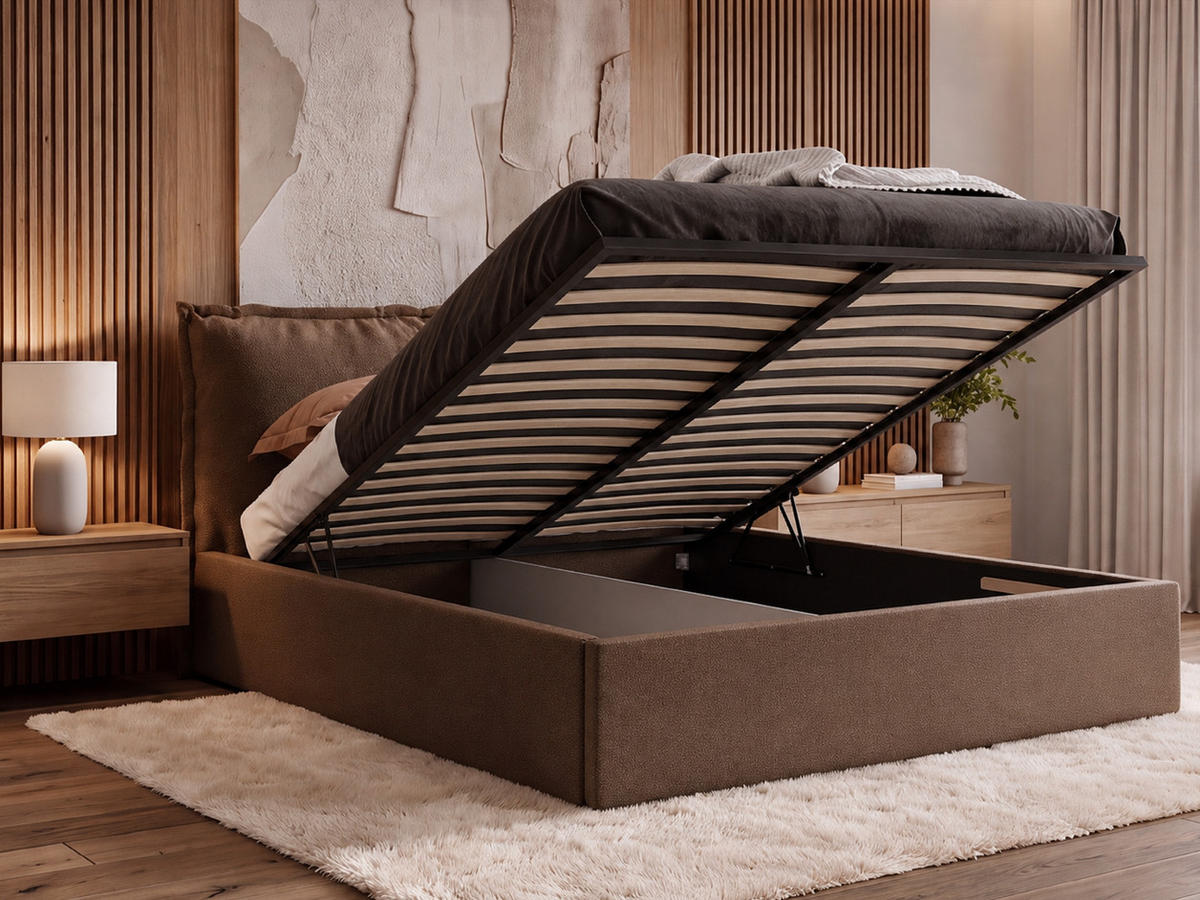 POLSTERBETT MIRA 140x200 cm mit Bettkasten, Stauraum und Metall-Lattenrost – VIBE Braun - Schwarz/Braun, Textil/Metall (140/200cm) - Luxkor24