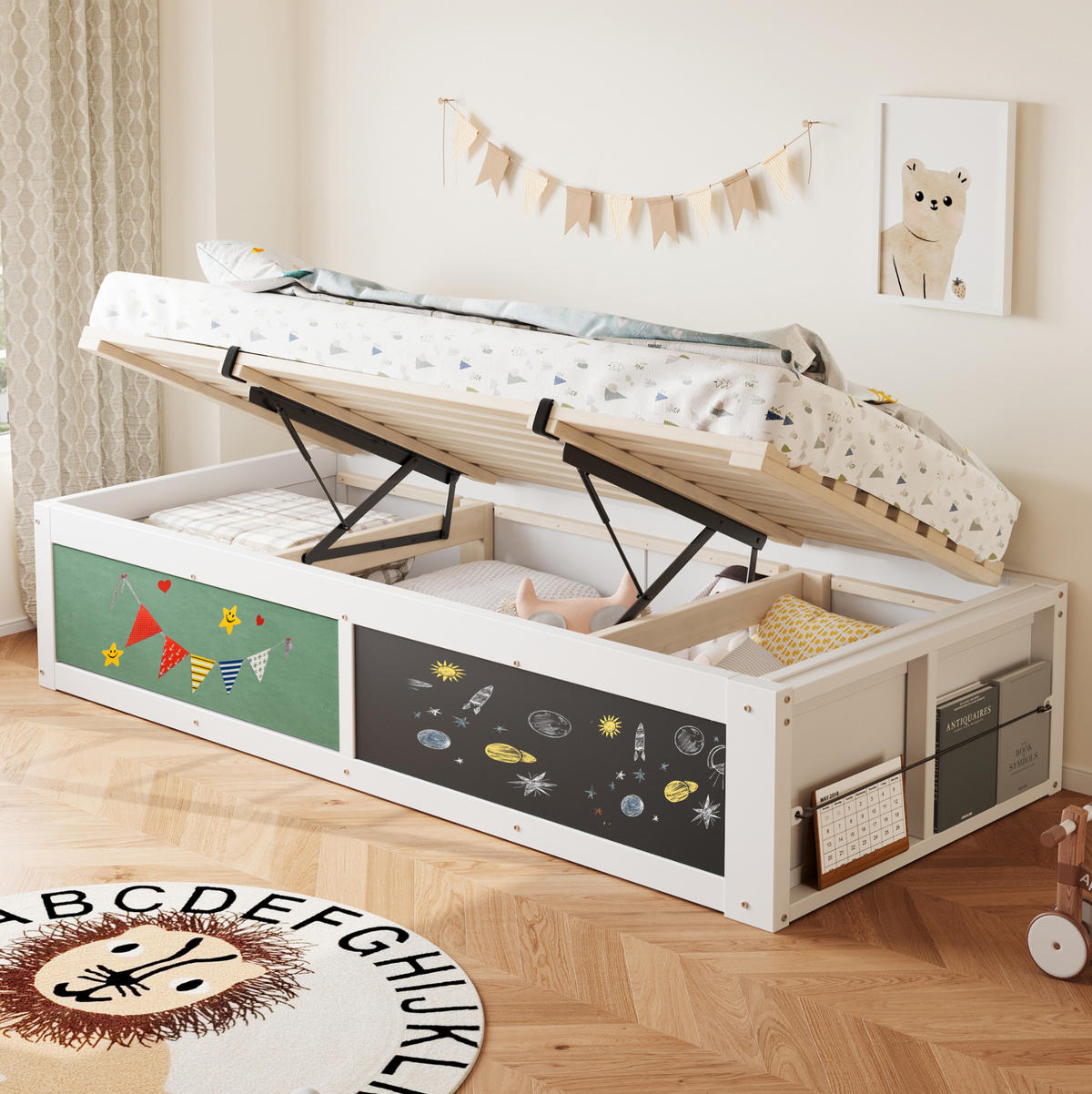 KINDERBETT 90/200 cm mit hydraulischem Stauraum, Kreide- und Filztafel, Bücherfach, Weiß - Weiß, Holzwerkstoff (90/200cm) - Redom