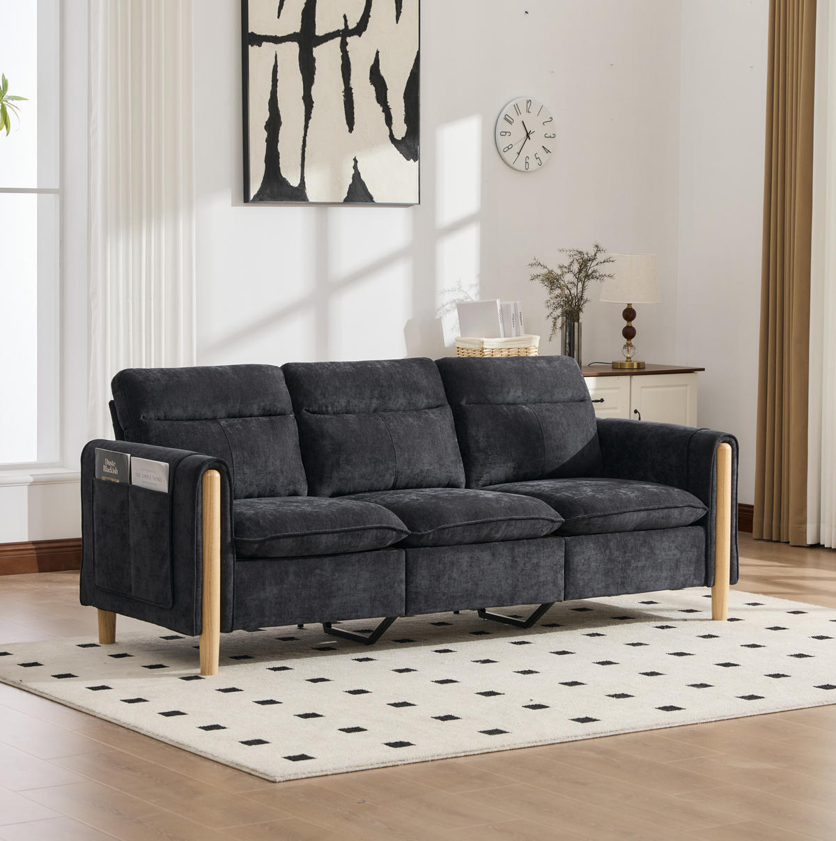 SOFA mit Stauraum-Hocker L-Form 201 cm Chenille Schwarz - Schwarz, Holz (77/201cm) - Meubliv