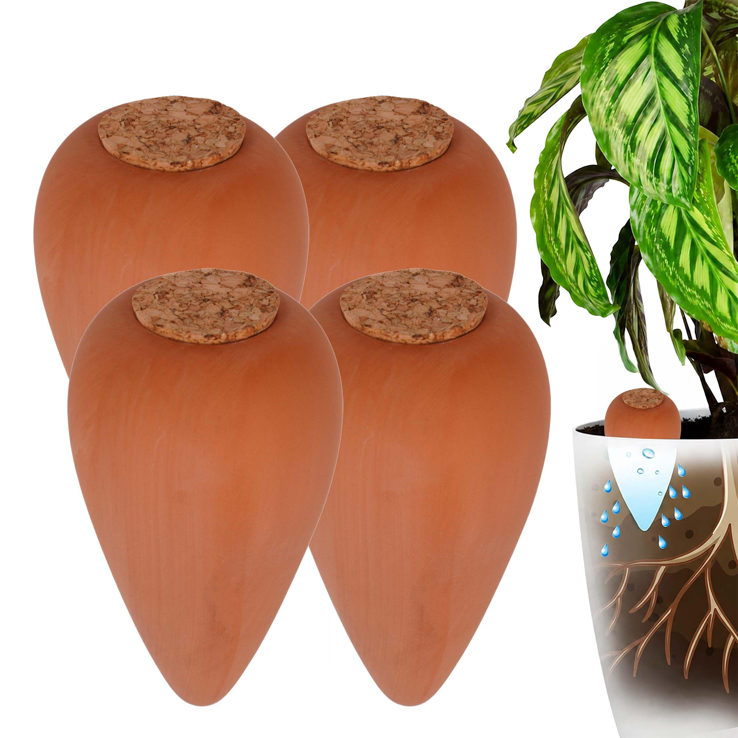 BEWÄSSERUNGSKEGEL Natur 4er-Set Keramik Kork 350 ml - Hellbraun, Keramik/Naturmaterialen (8/16/8cm) - Relaxdays
