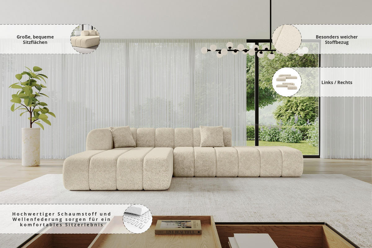 ECKSOFA Ottomane Links BILA-L 289x176x71 Creme Chenille - Ecru/Creme, Holzwerkstoff/Kunststoff (176/289cm) - ALTDECOR