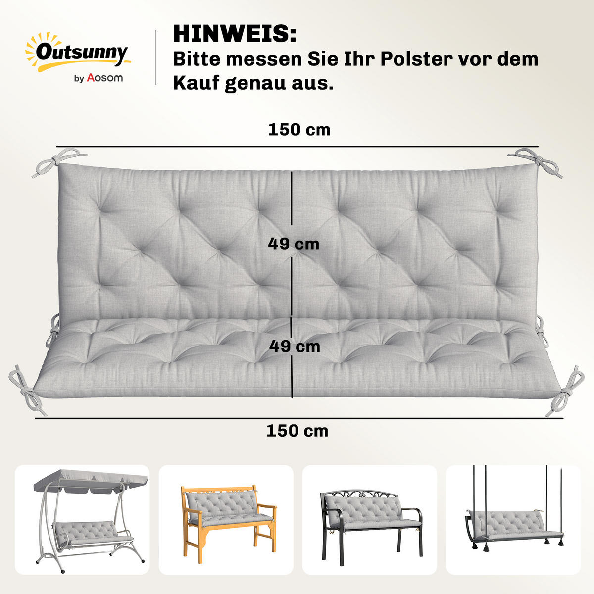 BANKAUFLAGE 3 Sitzer 150x 98 x 8 cm - Hellgrau, Kunststoff (98/8/150cm) - Outsunny