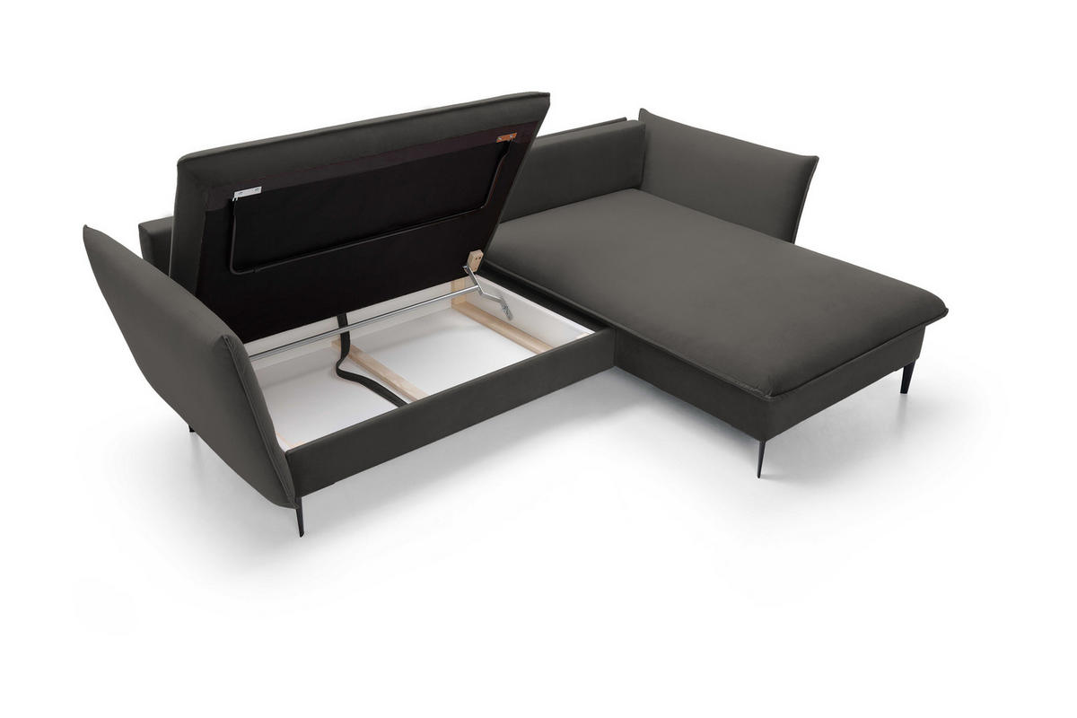 ECKSOFA GLOSS mit Schlaffunktion, Ottomane & goldenen Füßen – Samtsofa im GLOSSour-Stil mit Zierkissen, 258x167x91 cm, Rechte, SCHWARZ - Schwarz, Holz/Textil (258/167cm) - DomoHome