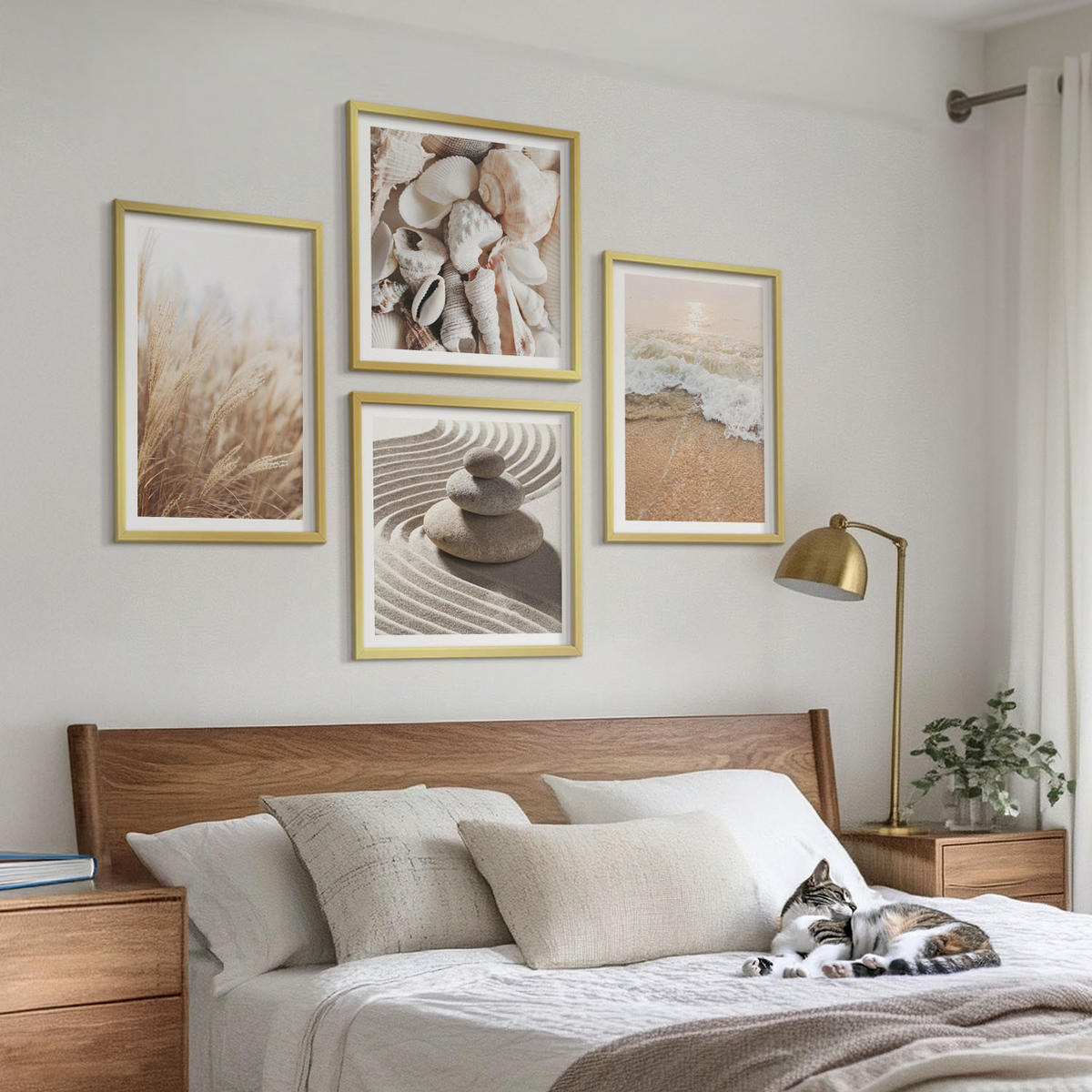 WANDBILDER 4er Set - 50x50 cm & 40x60 cm Goldrahmen - Strandmotive, Muscheln, Wellen - Goldfarben, Kunststoff (50/50cm) - ArtPrintCave