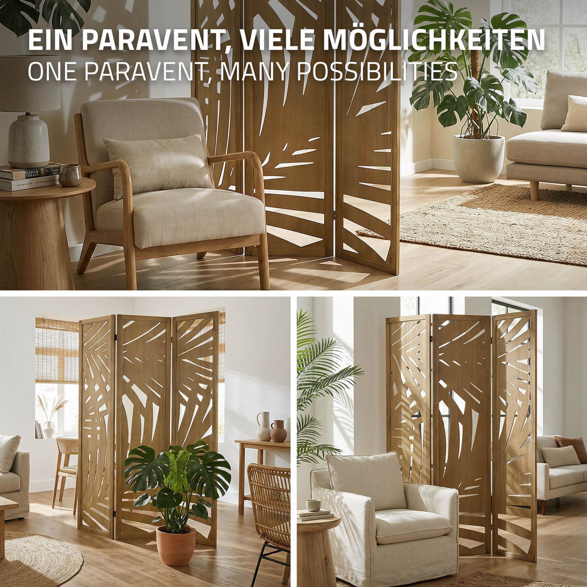 PARAVÁN, 3dílný, Sapporo, 170 × 121 cm, přírodní, ze dřeva - hnědá, dřevo (121/170/2cm) - ML-DESIGN