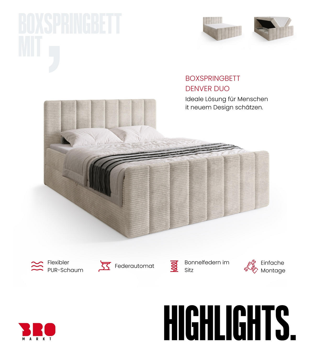BOXSPRINGBETT Denver DUO mit Topper 180x200 Vanilla - Weiß, Textil (180/200cm) - Bromarkt