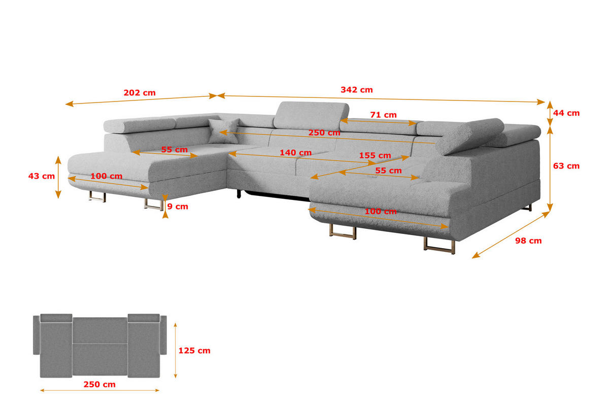 WOHNLANDSCHAFT mit Schlaffunktion und Bettkasten GUSA-U 342x202x107 cm Hellgrau Bouclé - Silberfarben/Hellgrau, Holzwerkstoff/Textil (342/107/202cm) - ALTDECOR
