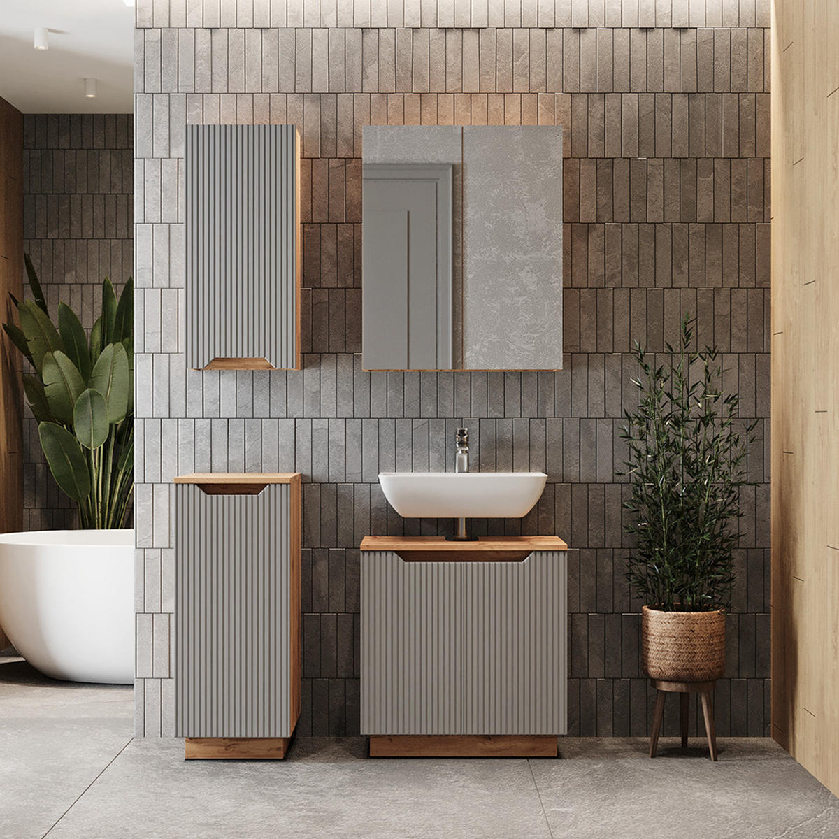 BADMÖBEL-SET Lotta Eiche/grau gestreift 4 Teile - Eichefarben/Grau, Holzwerkstoff (59.8/62.1/32cm) - Vicco