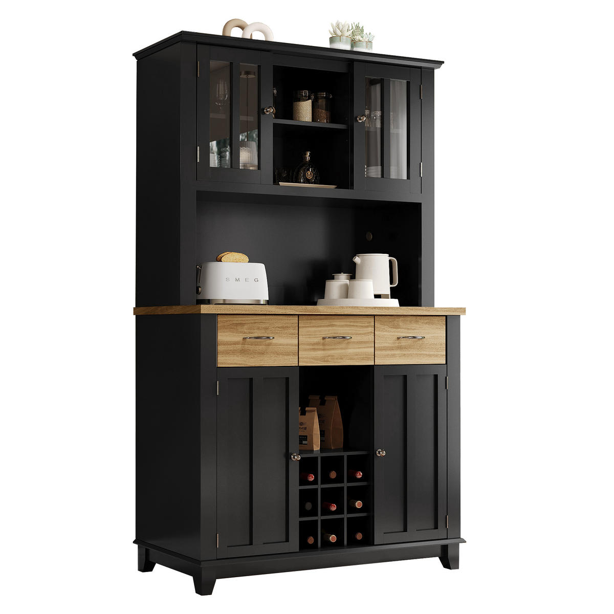 KÜCHENBUFFET 106/40/179,5 cm schwarz aus MDF mit LED - Schwarz, Holzwerkstoff (106/179.5/40cm) - OKWISH