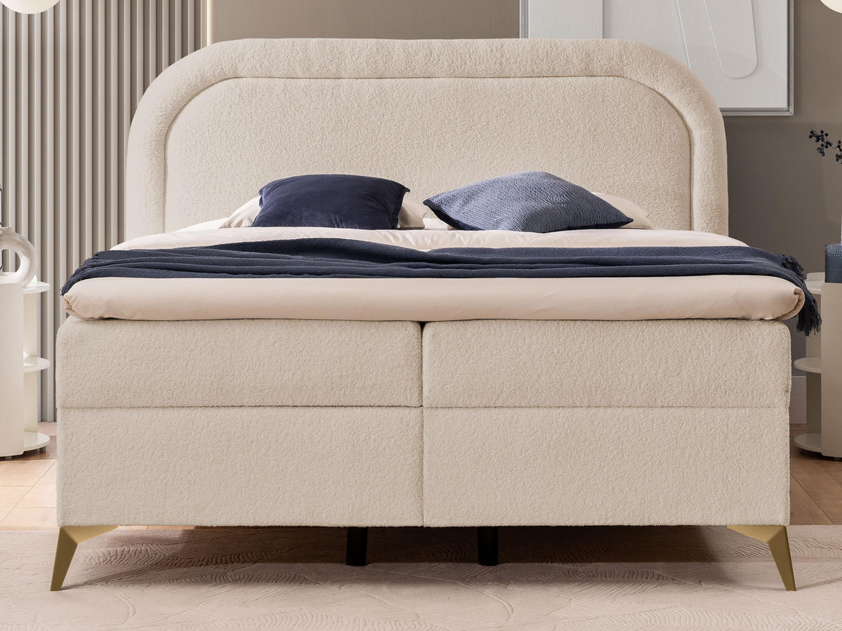 BOXBETT Sonna 180/200 cm Hellbeige Bouclé-Stoff mit abgerundetem Kopfteil und mit goldenen Metallfüßen - Beige/Goldfarben, Holz/Textil (180/200cm) - S-Style Möbel