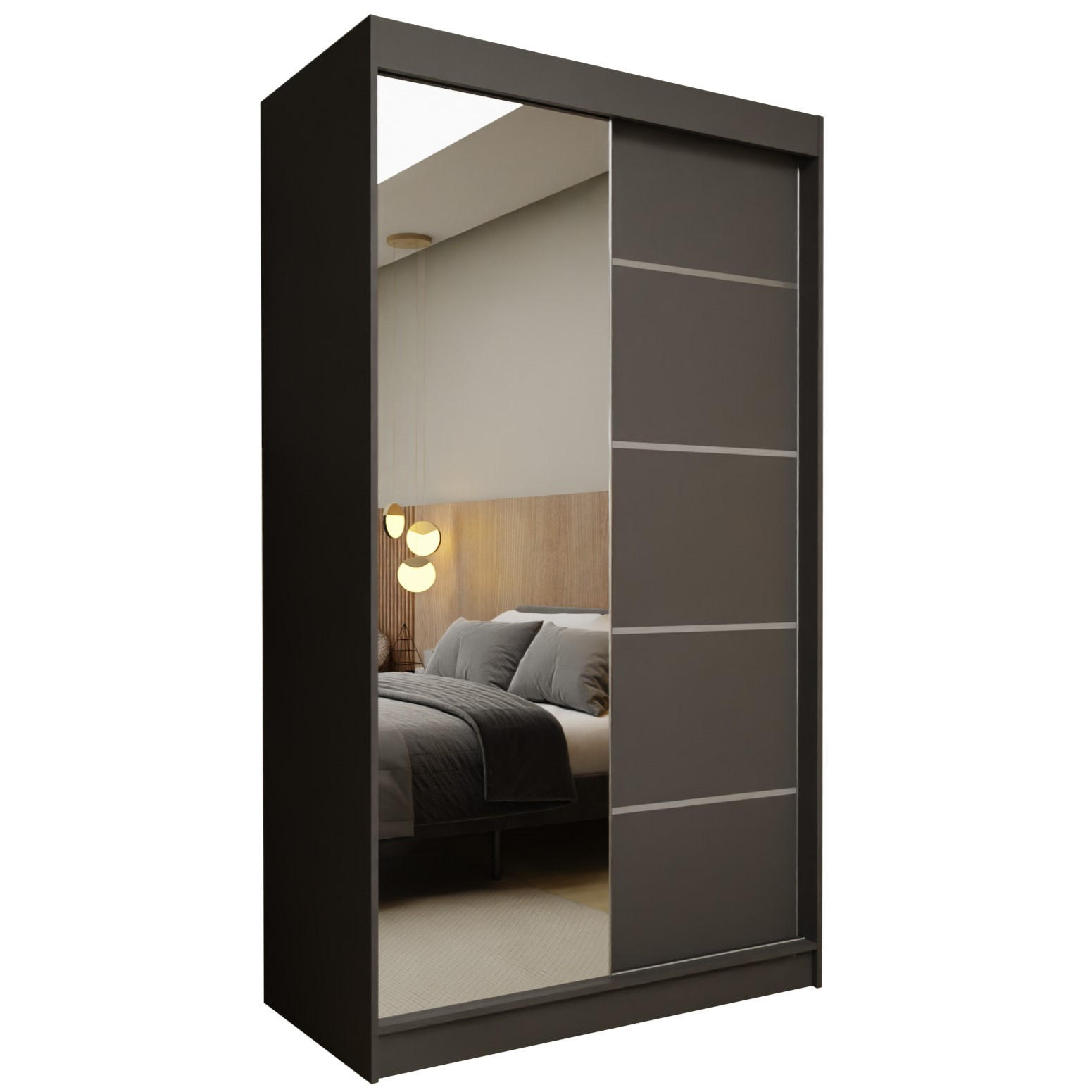 SCHWEBETÜRENSCHRANK MIRELLA 120/216/61 cm 2-türig mit Spiegel Grau - Grau, Holzwerkstoff (120/216/61cm) - MASSENO