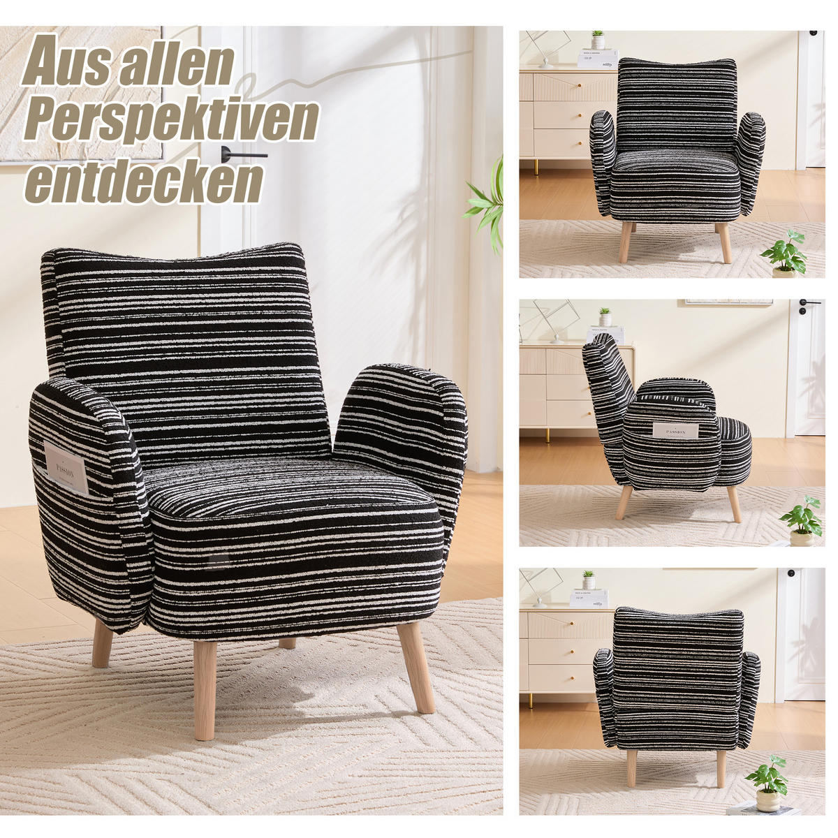KŘESLO látka bouclé, moderní, s boční kapsou a dřevěnými nohami - černá, textil (77/87/81cm) - Urban Meuble