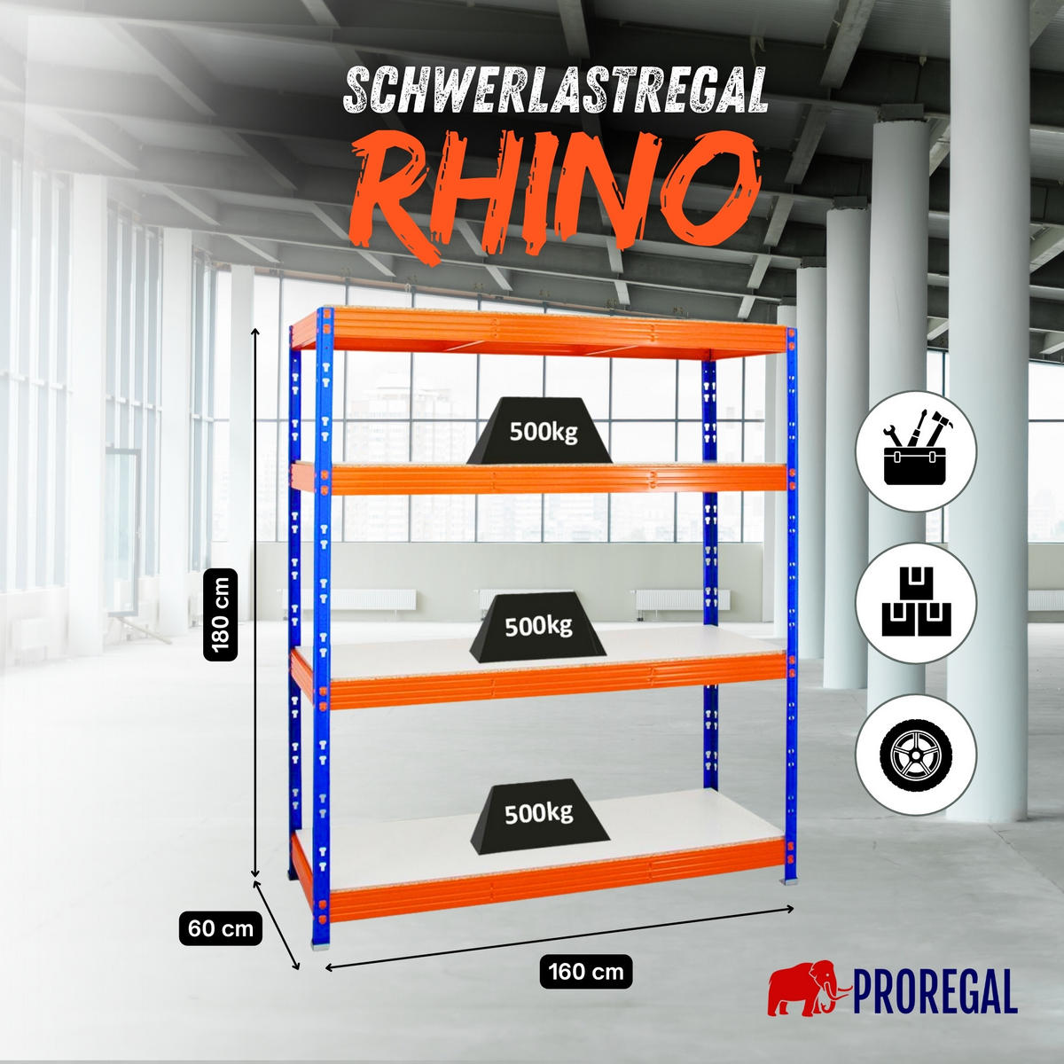 SCHWERLASTREGAL Rhino 180x160x60 cm 4 Melamin-Ebenen 16mm Fachlast 500 kg Blau/Orange - Blau/Orange, Metall (160/180/60cm) - PROREGAL
