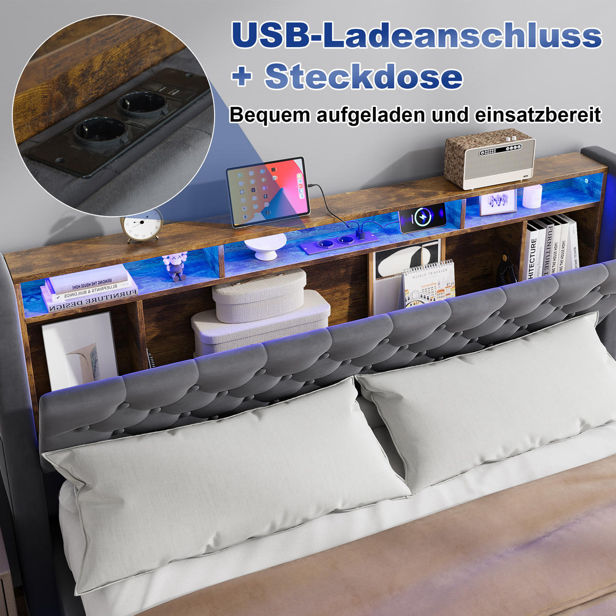 POLSTERBETT 160/200 mit Bettkasten und Stauraumbett mit Schubladen und LED Funktionbett ohne Matratze - Grau, Holzwerkstoff/Textil (160/200cm) - STILVORA