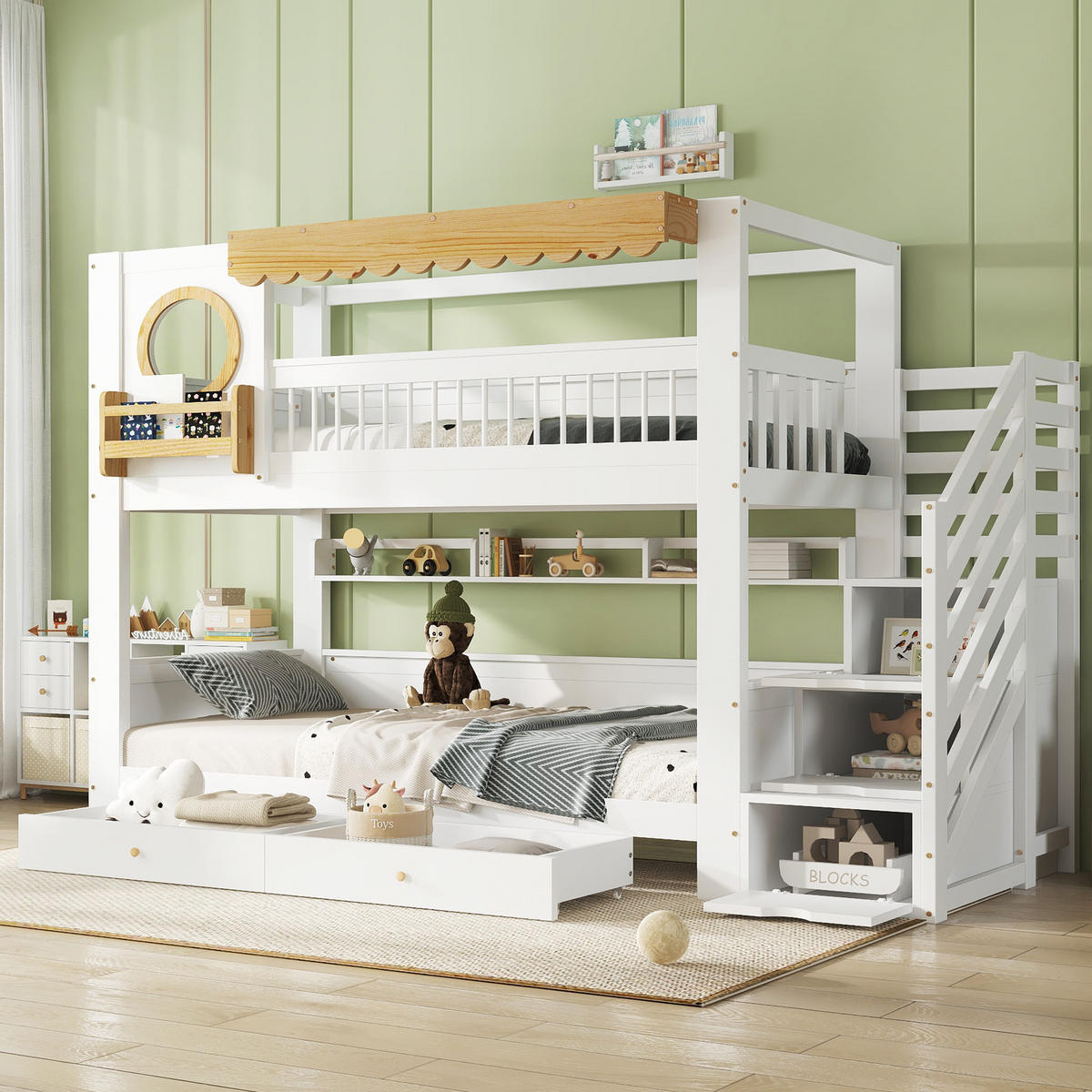 ETAGENBETT 90/200 cm in Weiß & Natur mit 2 Schubladen, Regal und Treppenschrank - Weiß/Naturfarben, Holz/Holzwerkstoff (90/200cm) - WISHDOR