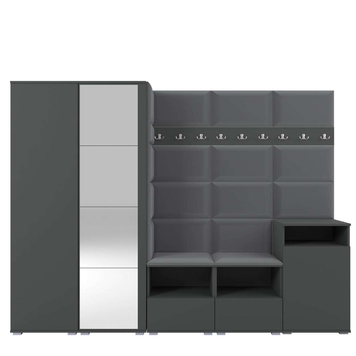 GARDEROBE NELA VIII 250 cm (Modulare Flurmöbel Graphit mit Spiegel & Sitzpolster Dunkelgrau 15 Set XL) - Dunkelgrau/Silberfarben, Holz/Holzwerkstoff (250/187/40cm) - Ravio
