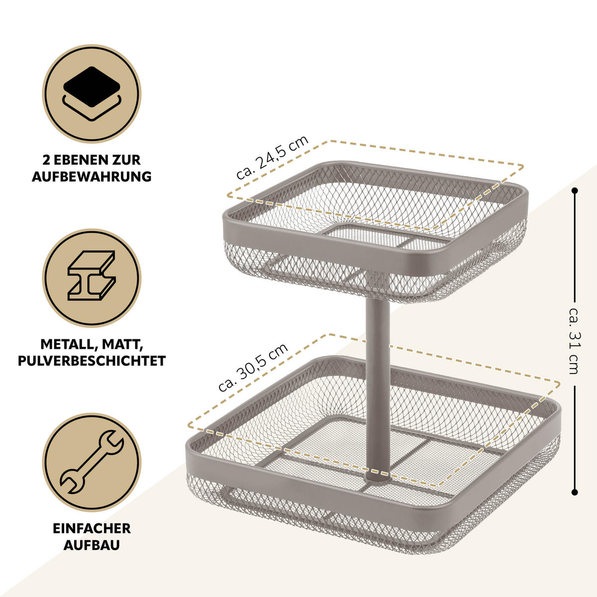 OBSTETAGERE eckig, 2-stöckig, 20 x 20 cm und 30 x 30 cm, taupe, Metall - Taupe, Metall (31cm) - eluno