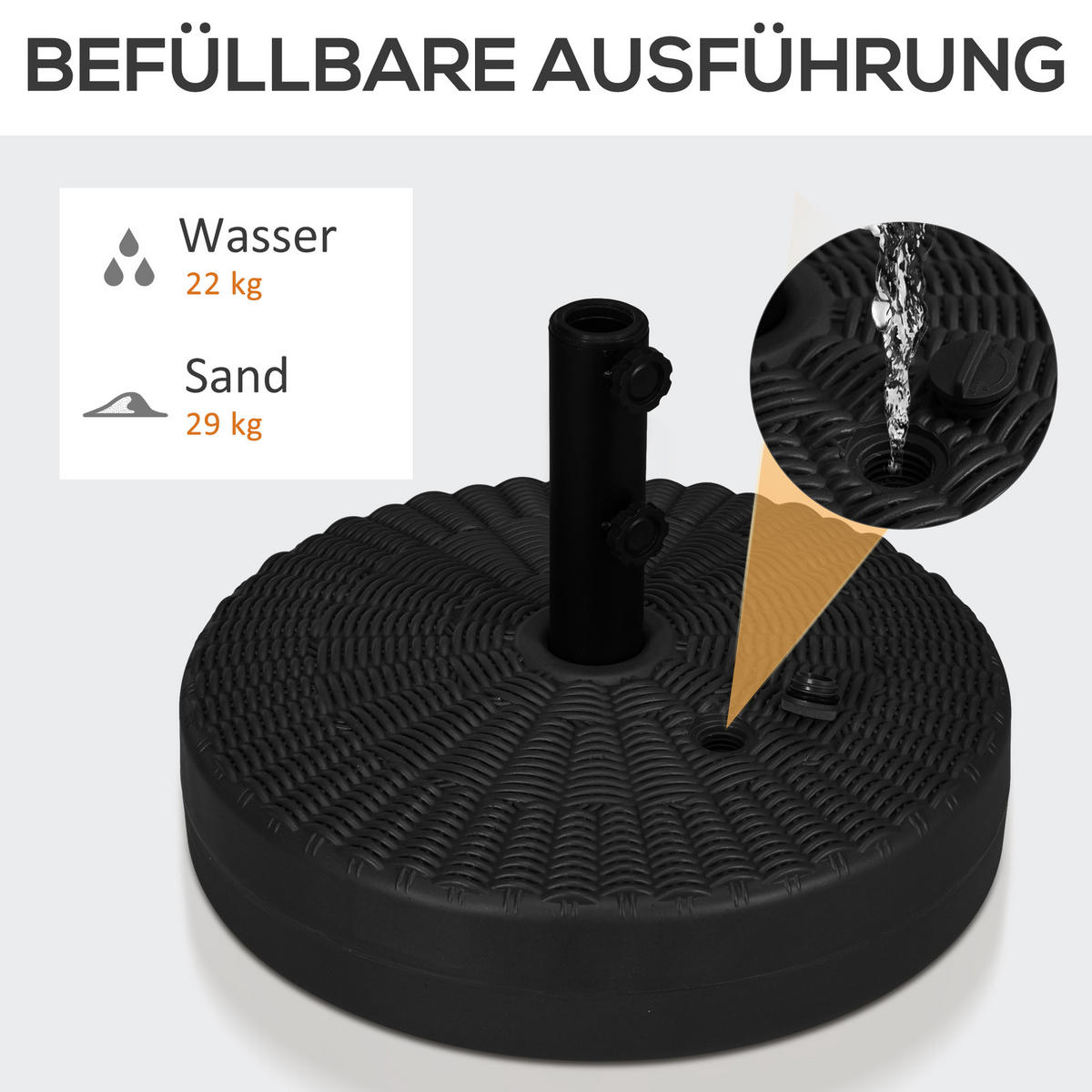 SONNENSCHIRMFUß für Ø38/48 mm Schirmstangen Schirmständer mit Rattanoptik für Garten Balkon HDPE Schwarz Ø51 x 36 cm - Schwarz, Kunststoff (51/51cm) - Outsunny