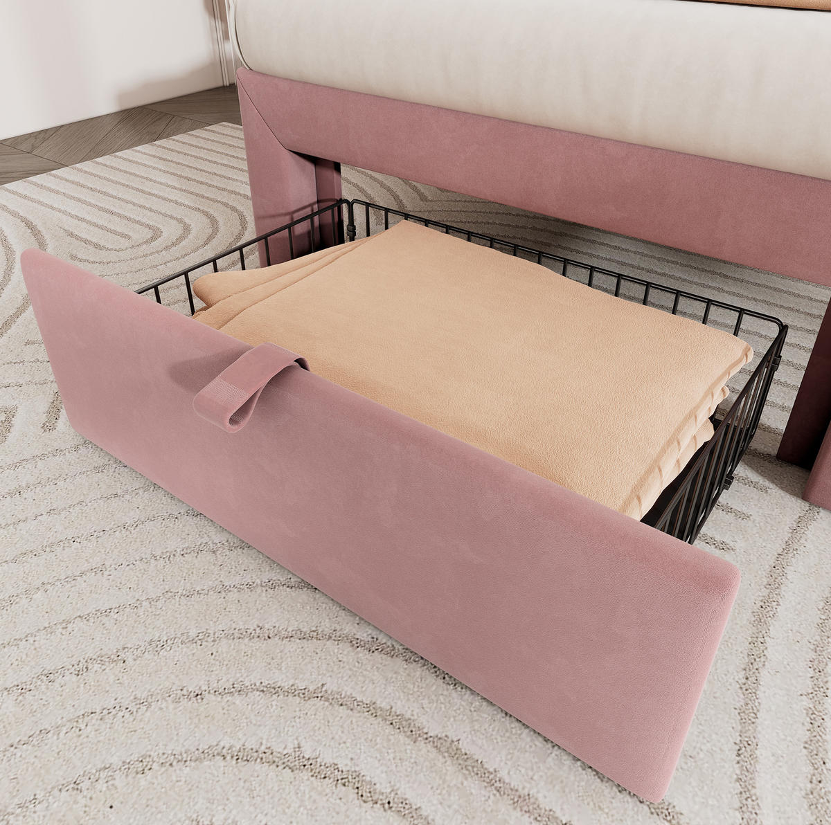 KINDERBETT 90/190 cm Rosa mit LED-Beleuchtung und Schublade aus Samt - Rosa, Textil (90/190cm) - OKWISH