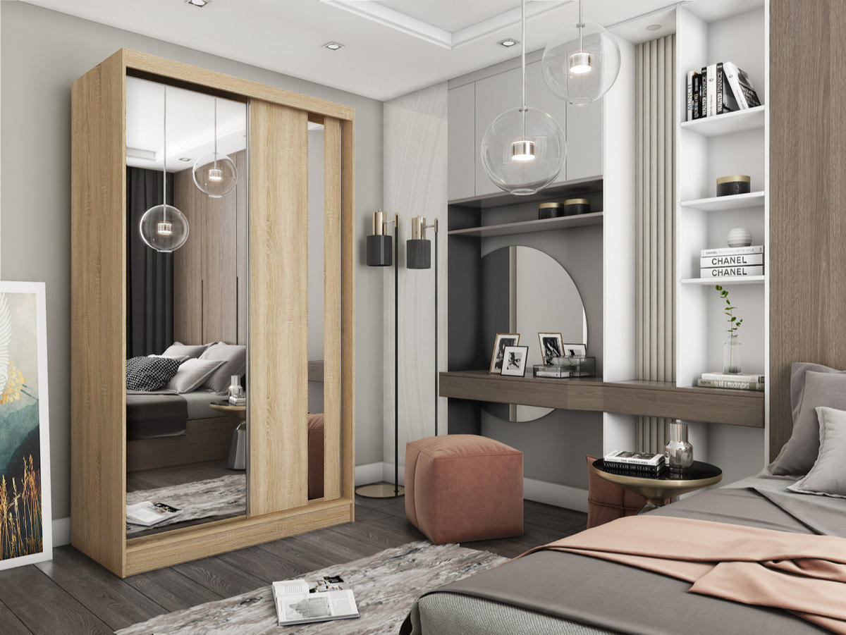 SCHWEBETÜRENSCHRANK GRAZIA 120/216/61 cm 2-türig mit Spiegel Sonoma Eiche - Sonoma Eiche, Holzwerkstoff (120/216/61cm) - MASSENO