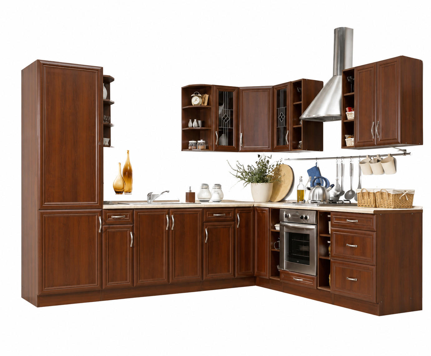 ECKKÜCHE 310 x 250 cm – Sycylia K11-G310 – in Milano Nussbaum / Matt - Silberfarben/Nussbaumfarben, Holz/Metall (310/212/58cm) - ROYAL24_MARKT