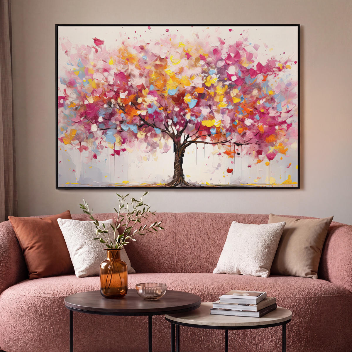 LEINWAND Bilder mit Rahmen - Aquarell - Baum - Kunst - Abstrakt - 120x80 - Multicolor, Textil (120/80cm) - MuchoWow