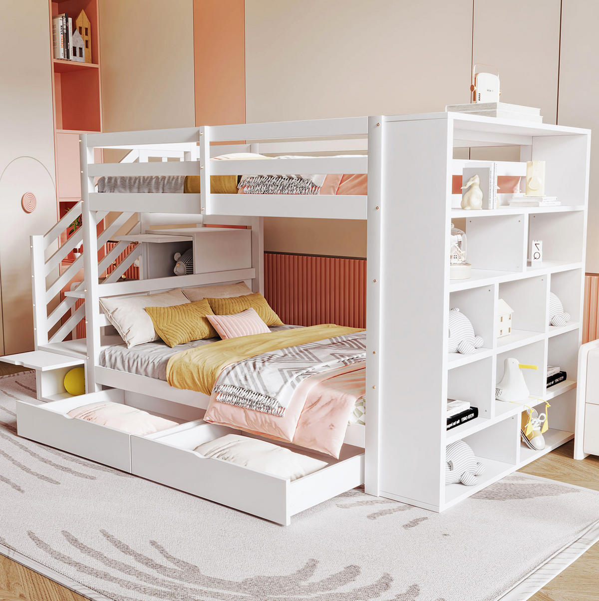ETAGENBETT 90/200 cm weiß mit Sicherheitstreppe und Stauraum - Weiß, Holz (90/200cm) - OKWISH