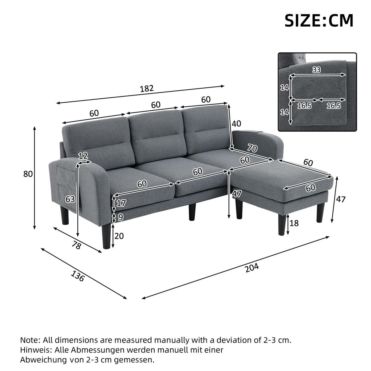 ECKSOFA L Form 3-Sitzer Chaiselongue Stauraum Tasche Grau 204cm - Grau, Textil (204/136cm) - FLIEKS